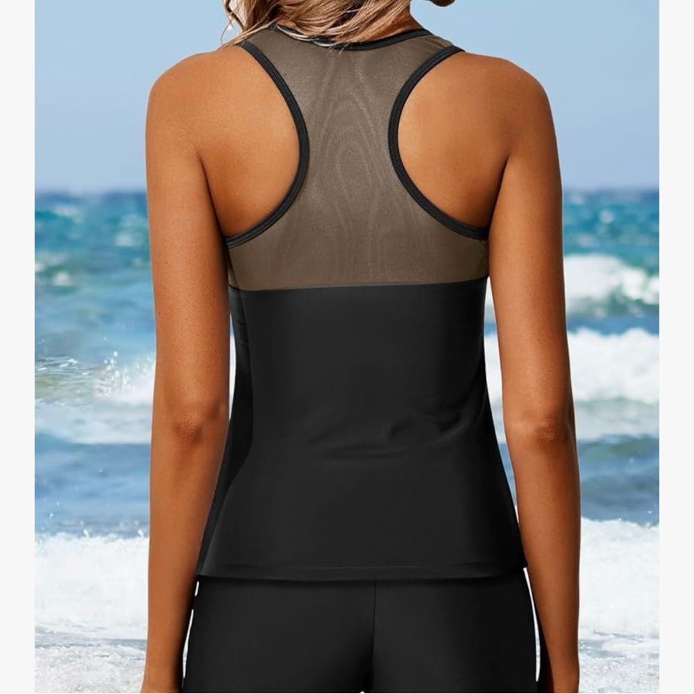 Younique Tankini Black Mesh Tank Top and Shorts Set - Picture 2 of 3